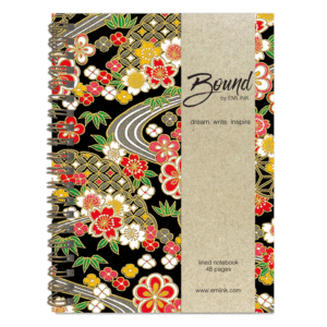 Japanese washi notebook featuring sakura blossoms, floral motifs, bamboo accents, and metallic gold details on a black chiyogami background with kraft belly band and bronze wire binding by Emi Ink