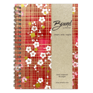 Japanese washi notebook featuring a red plaid-inspired chiyogami pattern with white and pink ume blossoms, metallic gold accents, kraft belly band, and bronze wire binding by Emi Ink