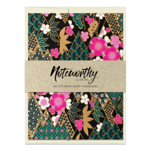 Pink ume blossom washi note card set with deep green, black, and gold traditional Japanese patterns and metallic accents by Emi Ink