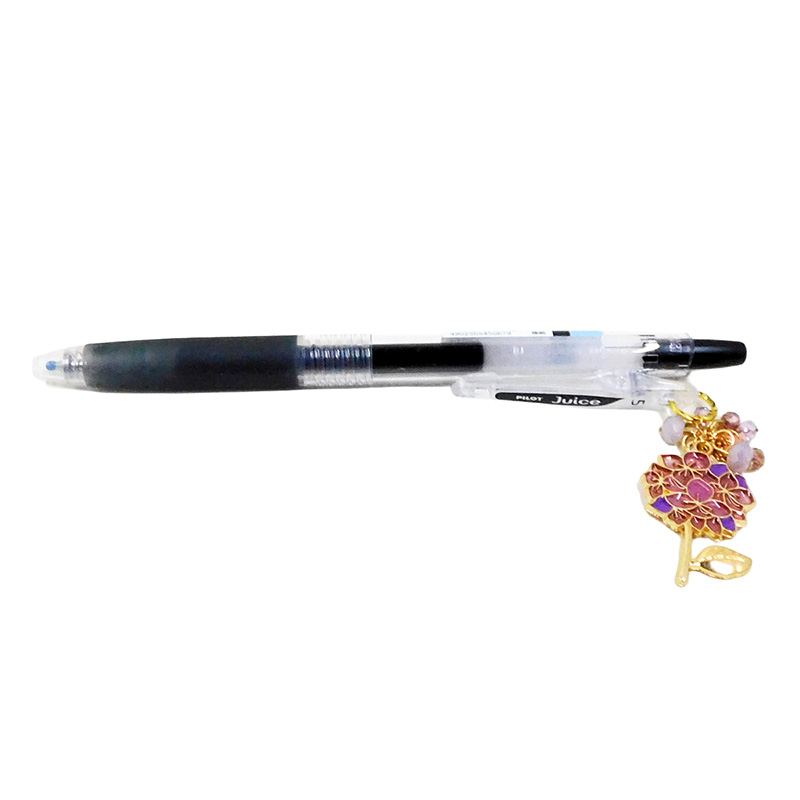 Ajisai charm pen side view showing hydrangea flower charm and lavender bead details