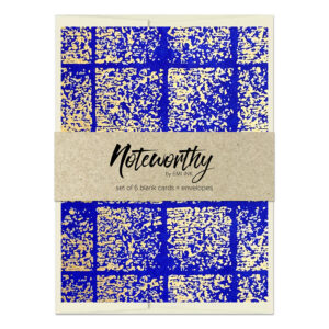 Genji washi note card set featuring a bold cobalt blue geometric pattern with textured gold detailing, packaged with kraft band