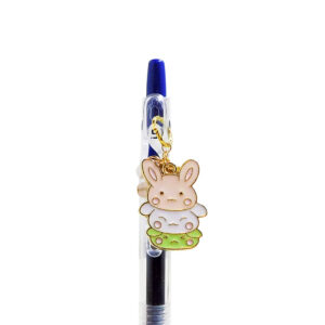 Hina bunnies charm pen with pink white and green enamel bunny charm on blue black Pilot Juice gel pen