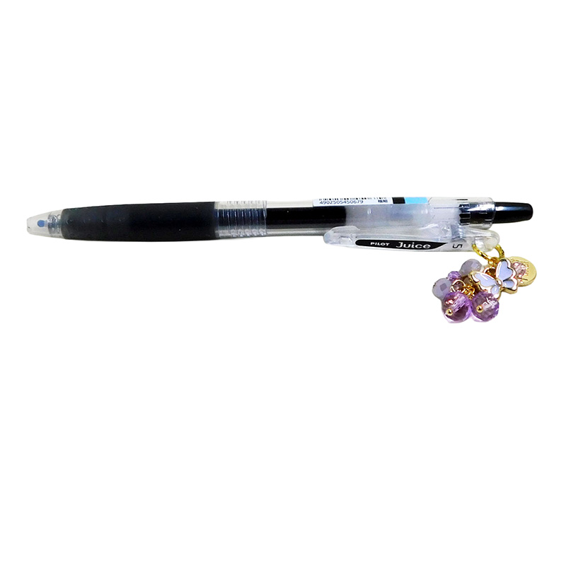 Butterfly lavender charm pen side view showing lavender beads and butterfly charm detail