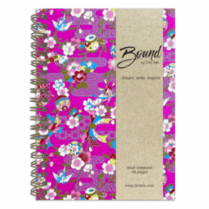 Kiko wire-bound Japanese washi notebook with sakura, cranes, and temari on a rich magenta chiyogami background