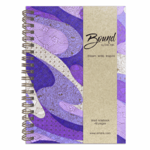 Kumi wire-bound Japanese washi notebook with flowing violet and lavender design, subtle florals, and soft gold accents on chiyogami paper
