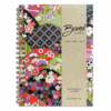 Rinko wire-bound Japanese washi notebook with vibrant collage panels of red, green, and black filled with florals and geometric patterns on chiyogami paper
