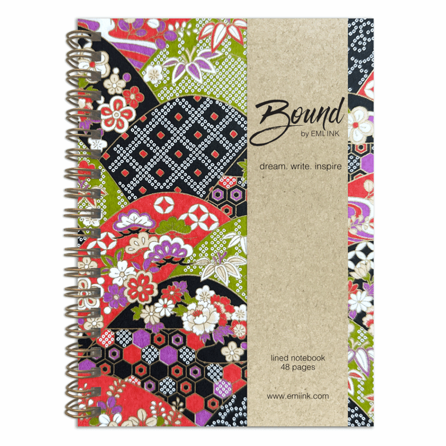 Rinko wire-bound Japanese washi notebook with vibrant collage panels of red, green, and black filled with florals and geometric patterns on chiyogami paper