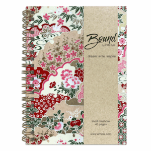 Miyabi wire-bound Japanese washi notebook with sakura and seasonal florals in crimson, green, and soft pink on a warm beige chiyogami background