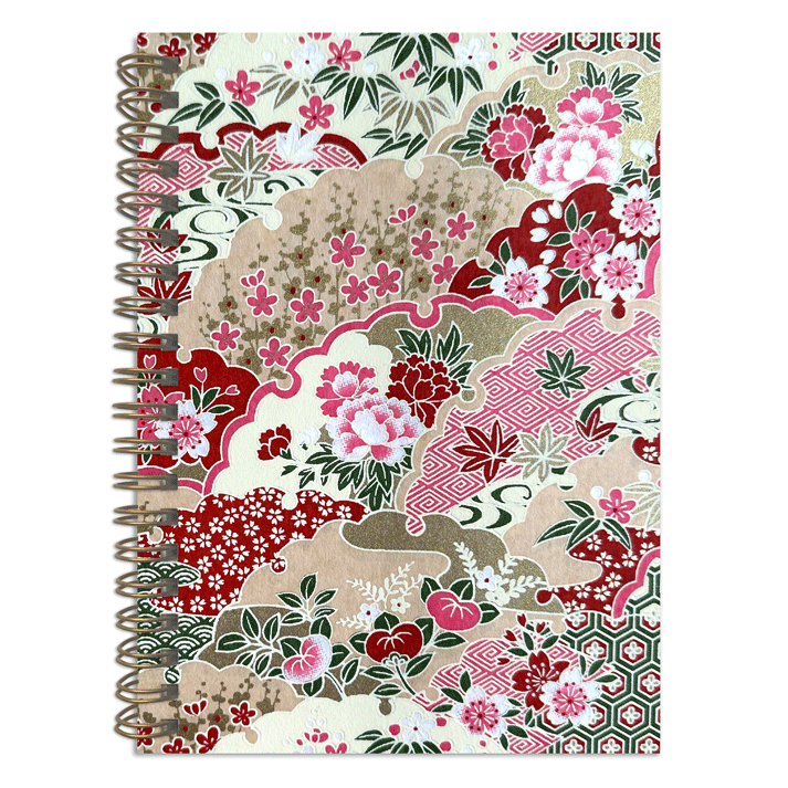 Miyabi washi notebook cover showing sakura and seasonal florals on warm beige chiyogami paper