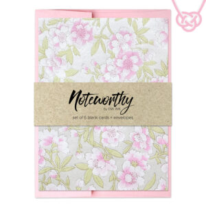 Pink sakura washi note card set with soft cherry blossoms on a pearlescent white background paired with rose pink metallic envelopes by Emi Ink