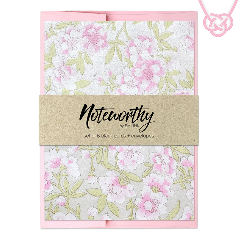 kizuna_washinotecardset Pink sakura washi note card set with soft cherry blossoms on a pearlescent white background paired with rose pink metallic envelopes by Emi Ink