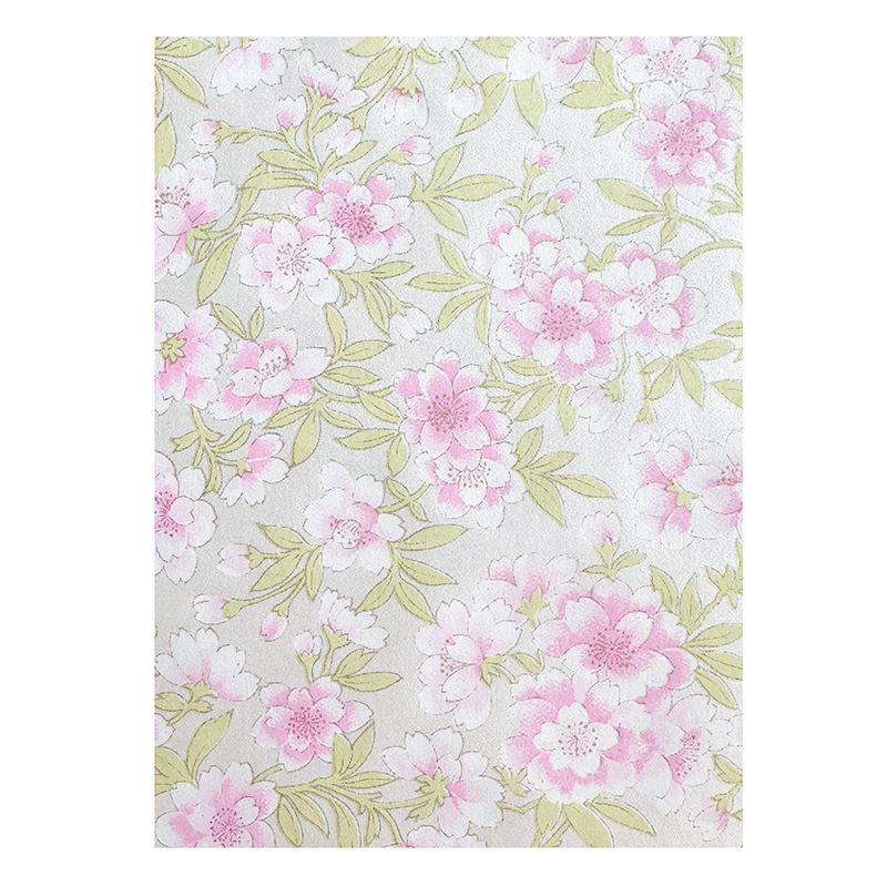 kizuna_washipattern Japanese washi paper with soft pink sakura blossoms and light green leaves on a pearlescent white background used for Emi Ink KIZUNA note cards