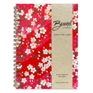 Misato Raspberry Washi Notebook with white sakura blossoms on vibrant red background