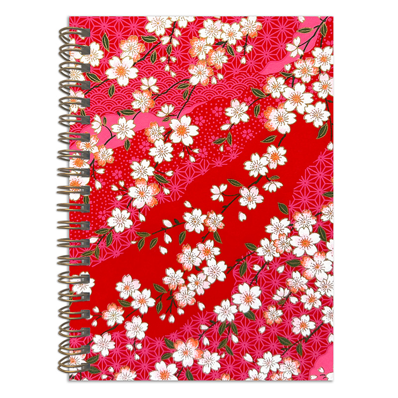 Misato Raspberry washi notebook cover with white sakura blossoms on vibrant red background