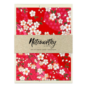 Misato Raspberry Washi Note Card Set with white sakura blossoms on vibrant raspberry red background with subtle geometric pattern