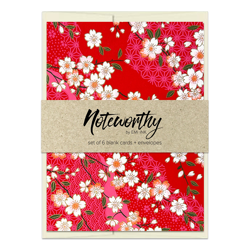 Misato Raspberry Washi Note Card Set with white sakura blossoms on vibrant raspberry red background with subtle geometric pattern