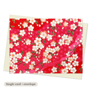 Misato Raspberry Washi Note Card with white sakura blossoms on vibrant raspberry red background with subtle geometric pattern