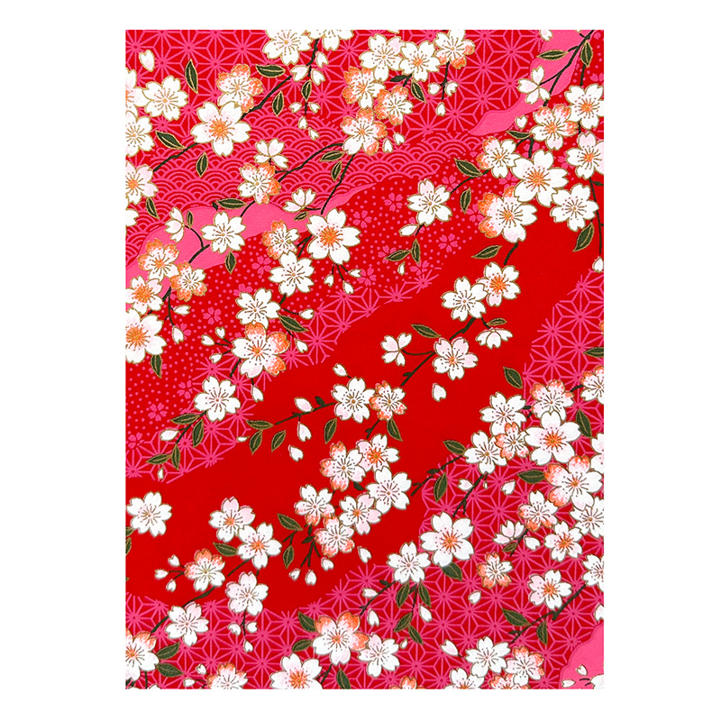 Misato Raspberry washi pattern with white sakura blossoms on vibrant raspberry red background with subtle geometric pattern
