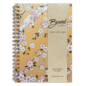 Misato Yellow Washi Notebook with pink and white sakura blossoms on warm golden yellow background