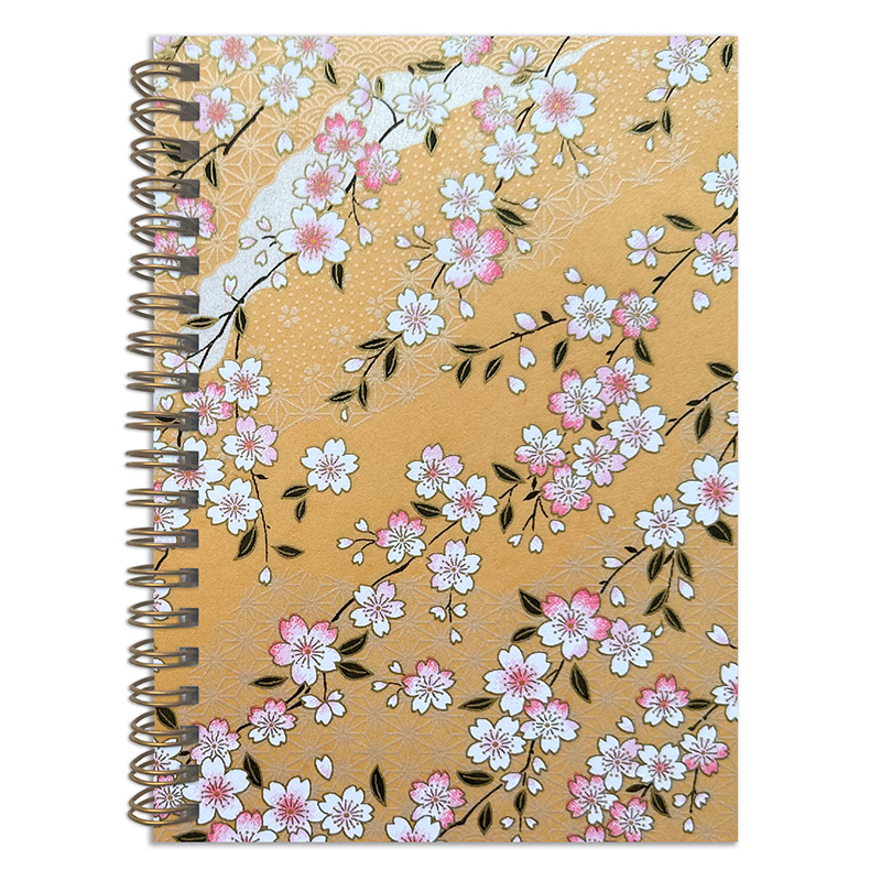 Misato Yellow washi notebook cover with pink and white sakura blossoms on warm golden yellow background