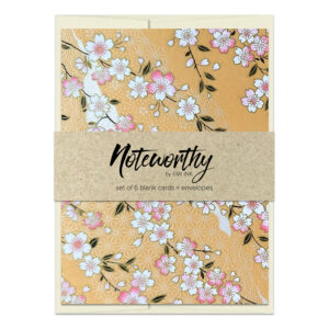 Misato Yellow Washi Note Card Set with soft pink and white sakura blossoms on warm golden yellow background with subtle geometric pattern