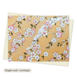 Misato Yellow Washi Note Card with soft pink and white sakura blossoms on warm golden yellow background with subtle geometric pattern