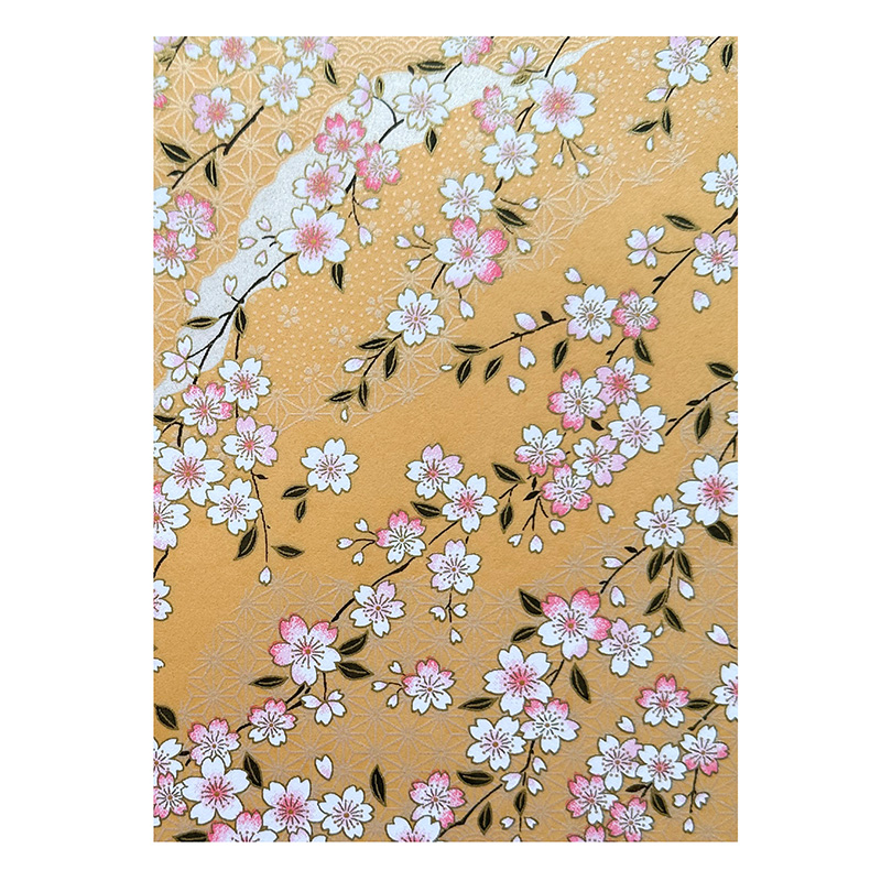 Misato Yellow washi pattern with pink and white sakura blossoms on warm golden yellow background with subtle geometric pattern