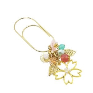 Sakura bloom clip with gold bezel flower, glass beads, and leaf charms by love MIREI