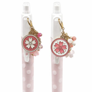 Sakura charm pen and pencil set with pink polka dot barrels and enamel sakura charms by love MIREI