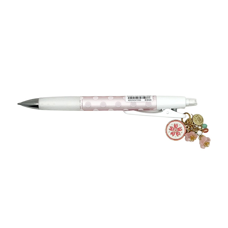 Pink polka dot sakura charm mechanical pencil with enamel flower charm and bead accents by love MIREI