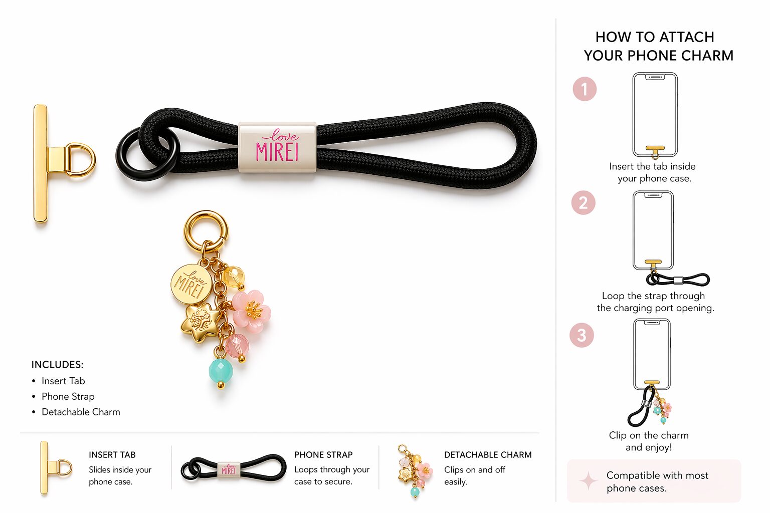 sakuraphonecharmstrap_diagram Sakura phone charm strap with insert tab and attachment diagram showing how to use with phone case