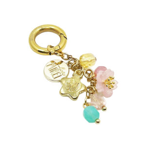 Petite sakura phone charm with enamel flower, glass beads, and gold good luck charm by love MIREI