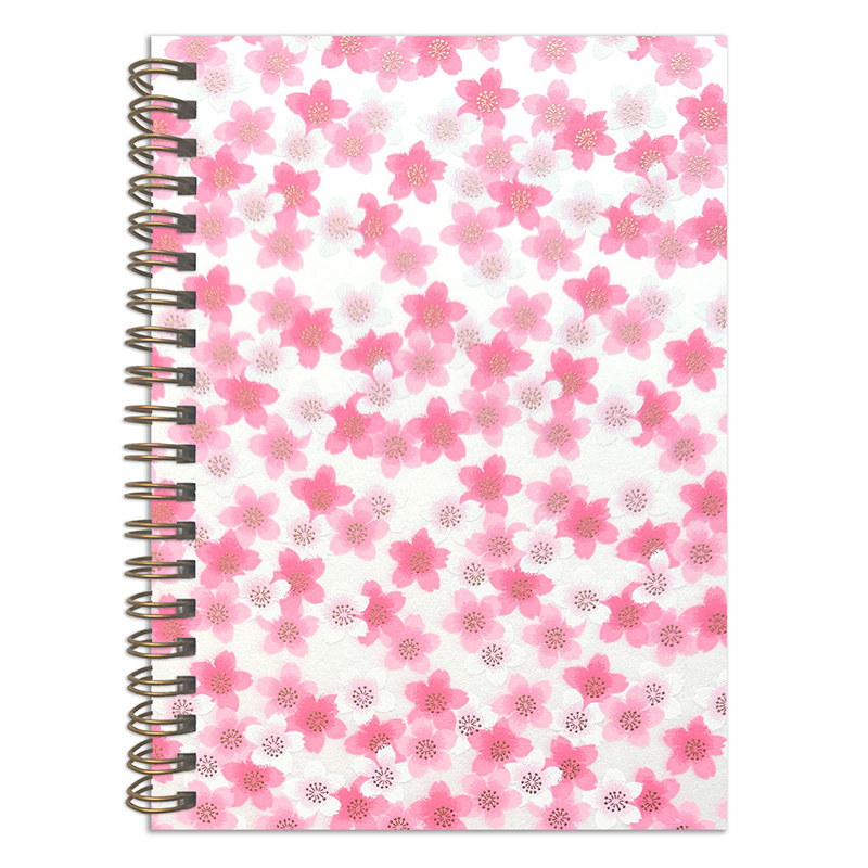 Sana White washi notebook cover with scattered pink sakura blossoms on clean white background