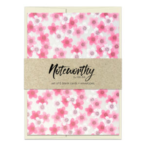 Sana White Washi Note Card Set with scattered pink sakura blossoms on clean white background with subtle gold accents
