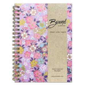 Suzuha Lavender Washi Notebook with multicolor sakura blossoms in pink, yellow, and blue on soft lavender background