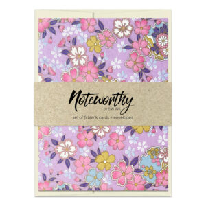 Suzuha Lavender Washi Note Card Set with multicolor sakura blossoms in pink, yellow, and blue on soft lavender background with subtle gold accents