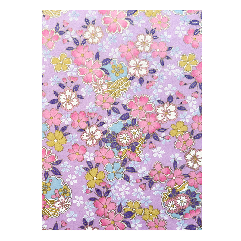 Suzuha Lavender washi pattern with multicolor sakura blossoms in pink, yellow, and blue on soft lavender background with subtle gold accents