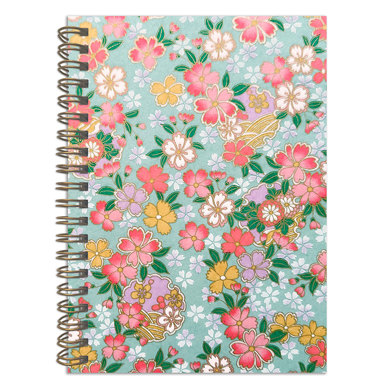 Suzuha Mint washi notebook cover with pink and yellow sakura blossoms on soft mint green background