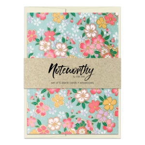 Suzuha Mint Washi Note Card Set with pink and yellow sakura blossoms on soft mint green background with subtle gold accents