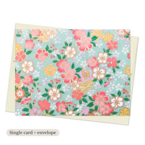 Suzuha Mint Washi Note Card with pink and yellow sakura blossoms on soft mint green background with subtle gold accents