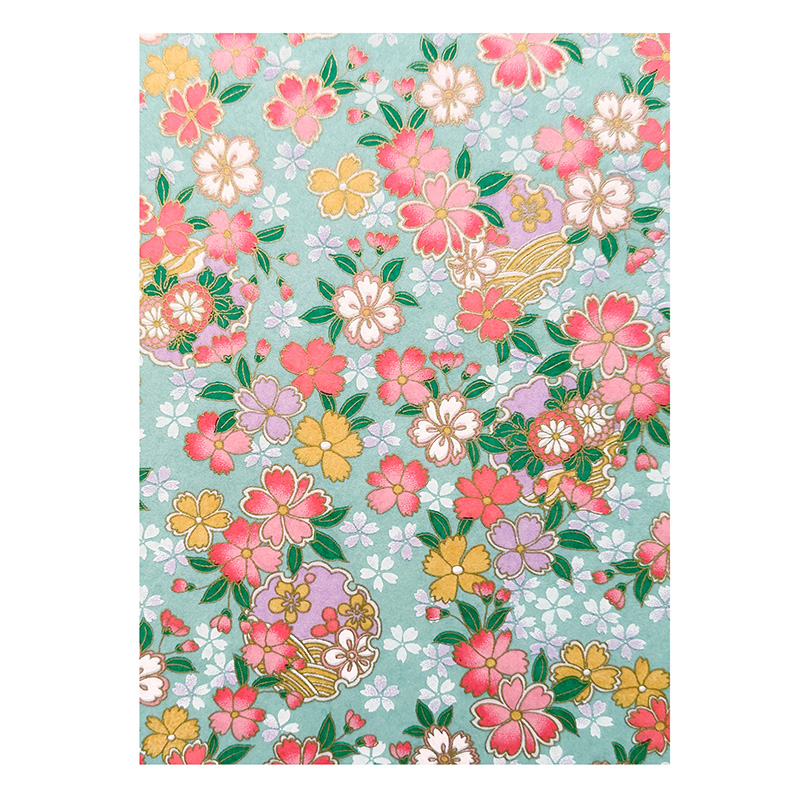 Suzuha Mint washi pattern with pink and yellow sakura blossoms on soft mint green background with subtle gold accents