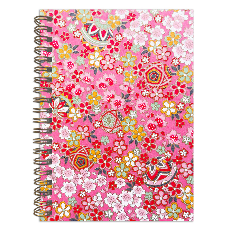 Temari Sakura washi notebook cover with colorful sakura blossoms and temari-inspired patterns on vibrant pink background
