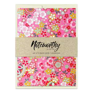 Temari Sakura Washi Note Card Set with colorful sakura blossoms and temari-inspired patterns on vibrant pink background with gold detailing