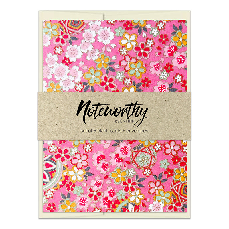 Temari Sakura Washi Note Card Set with colorful sakura blossoms and temari-inspired patterns on vibrant pink background with gold detailing