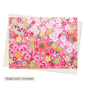 Temari Sakura Washi Note Card with colorful sakura blossoms and temari-inspired patterns on vibrant pink background with gold detailing