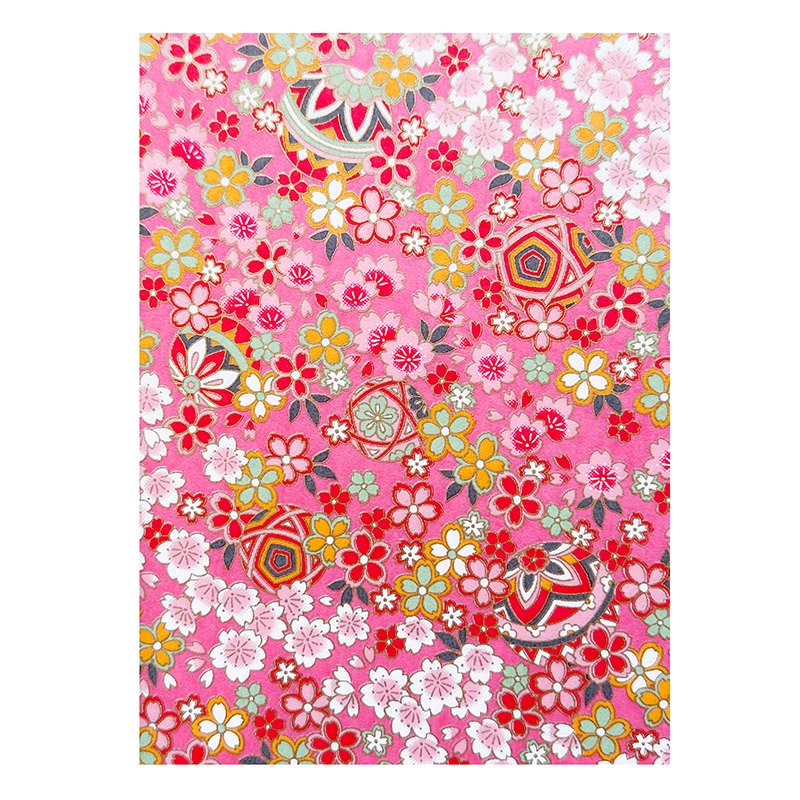 Temari Sakura washi pattern with colorful sakura blossoms and temari-inspired motifs on vibrant pink background with gold detailing
