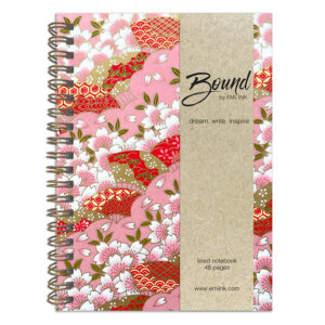 Tsukiko Pink Washi Notebook with layered sakura blossoms and flowing scalloped patterns in soft pink and red tones