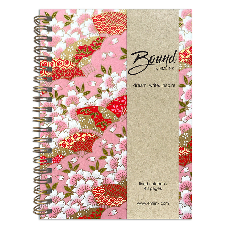Tsukiko Pink Washi Notebook with layered sakura blossoms and flowing scalloped patterns in soft pink and red tones