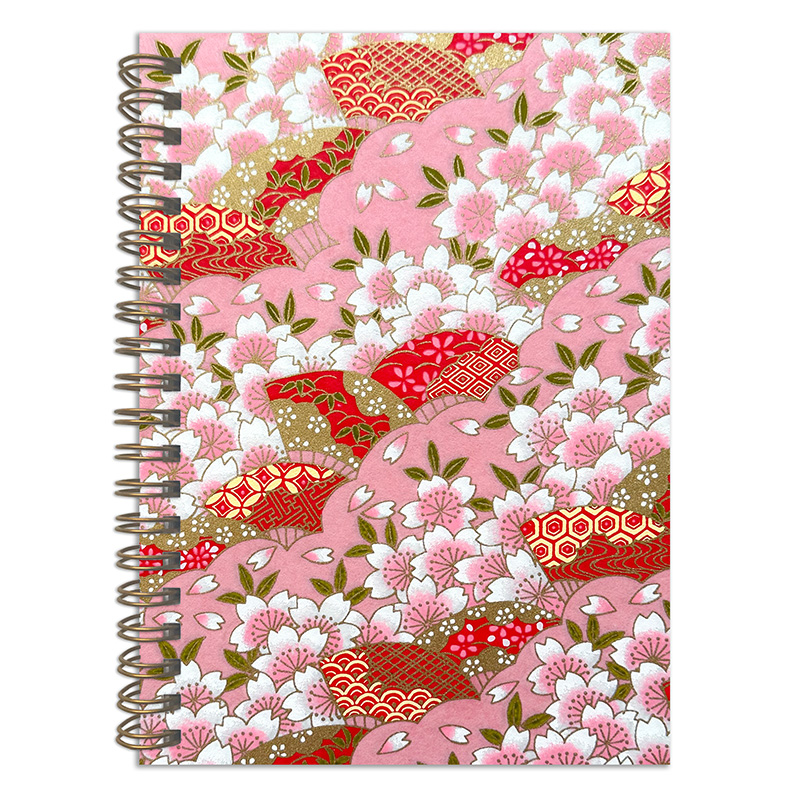 Tsukiko Pink washi notebook cover with layered sakura blossoms and flowing scalloped patterns in soft pink and red tones