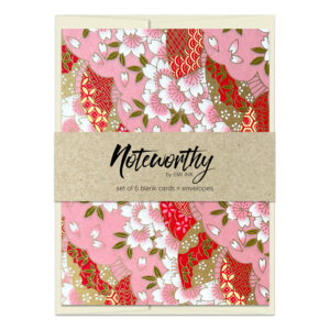 Tsukiko Pink Washi Note Card Set with layered sakura blossoms and flowing scalloped patterns in soft pink and red tones with gold accents